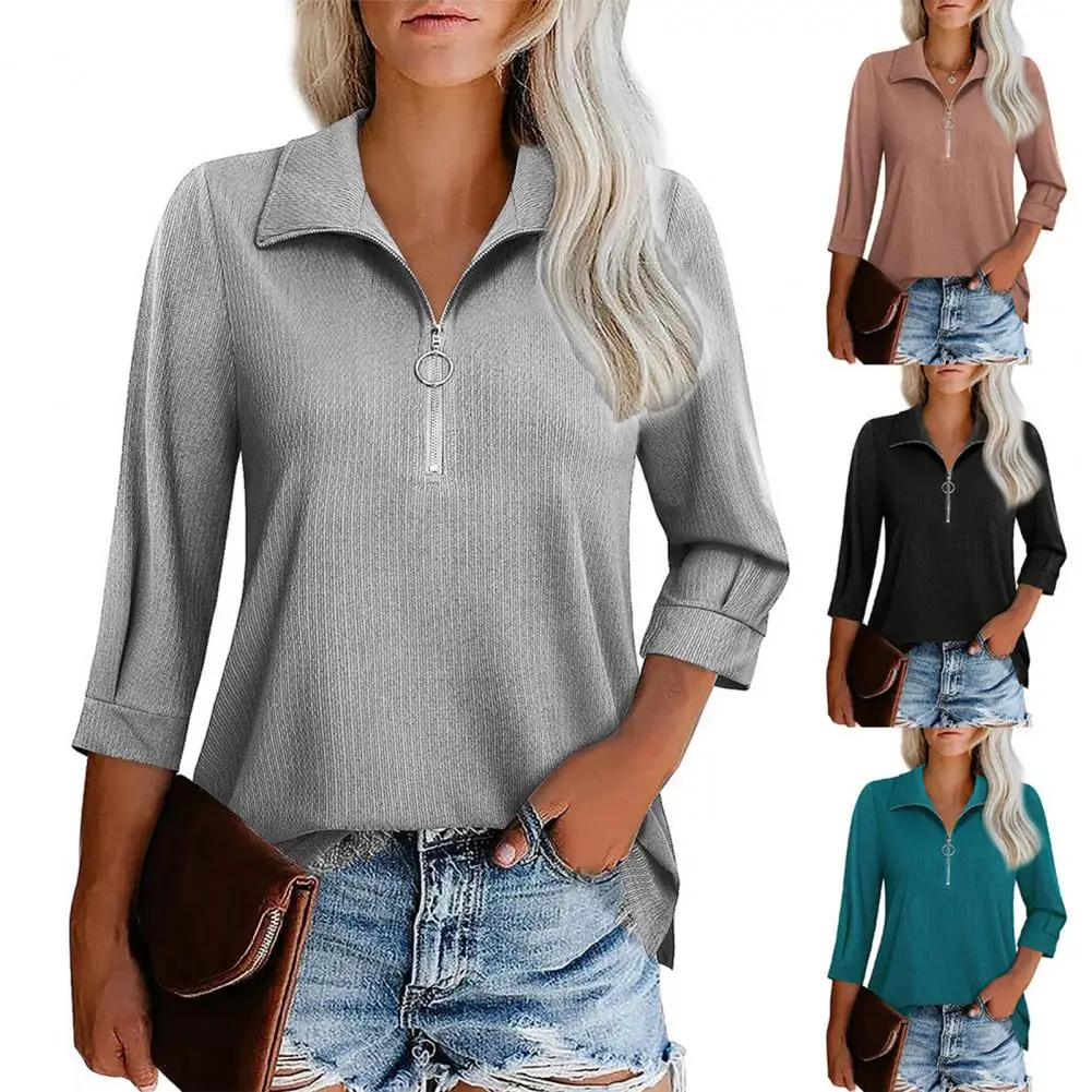 

Lightweight Top Three Quarter Sleeve Top Soft Breathable Women's Blouse Loose Fit Lapel Collar Three Quarter Sleeves for Spring