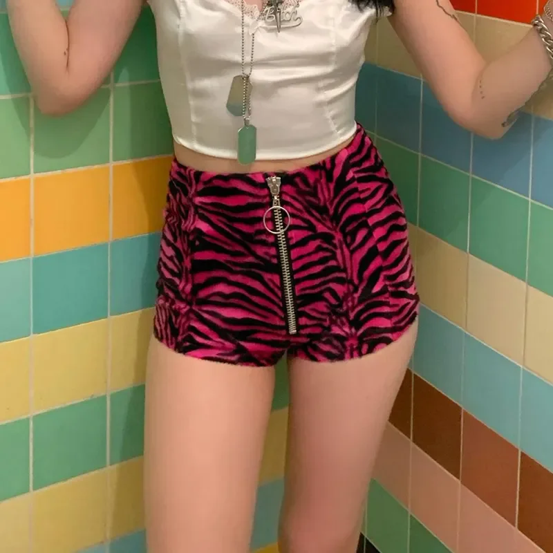 Vintage Leopard/Cow Print Shorts Y2K Aesthetic Grunge Zipper Up Skinny Pants E-girl Gothic Goth Bottoms Women Clothes