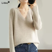 fashion v neck long sleeved solid color knitting all match trend korean t shirts elegant comfortable winter womens clothing