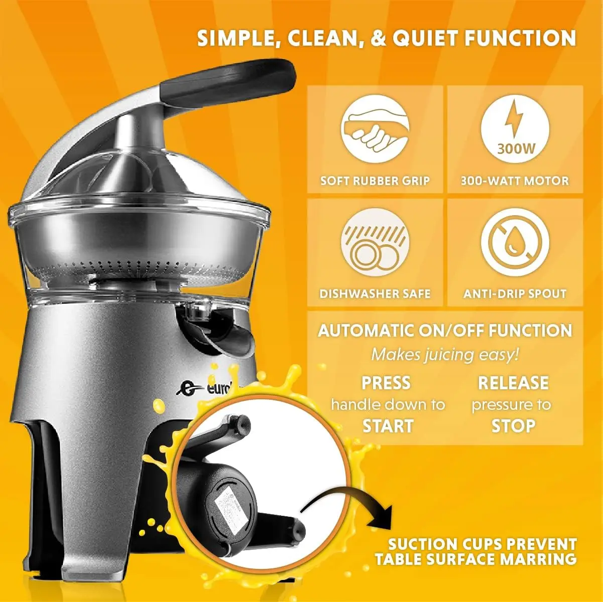 

Die Cast Stainless Steel Citrus Juicer Squeezer, for Orange, Lemon, Grapefruit | 300 Watts of Power, With 2 Stainless Steel Fil