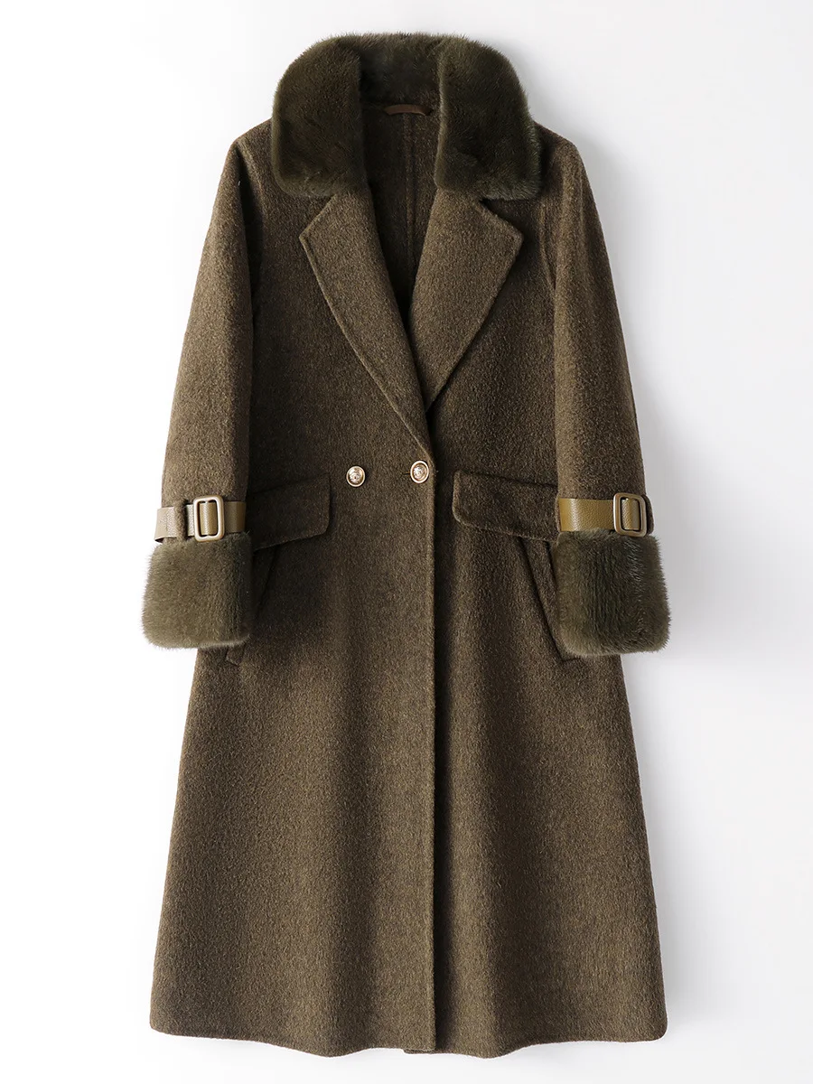 2022 Autumn Winter New Mink Fur Collar Wool Coat Women's Mid-length Fashion Double-sided Woolen Coat