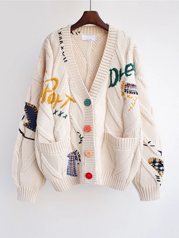

Korean Twisted Cardigan Lady Sweater Embroidery V-neck Loose Womens Coat 2023 Autumn Winter Pockets Button Knitted Clothing