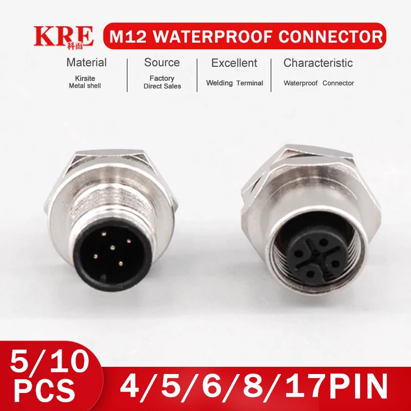 

KRE 5/10/100 PCS M12 Male Female Socket 3 4 5 6 8 17 Pins Weld IP67/68 Install Front/Rear Panel Waterproof Circular Connectors