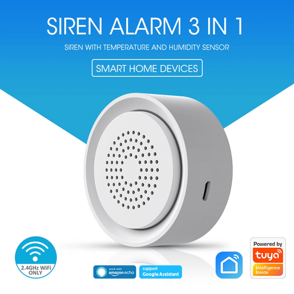 

USB Humidity Sensor Alarm 2.4Ghz WiFi Sound Light Alarm Tuyasmart App Remote Control Button Battery Powered Home Security Device