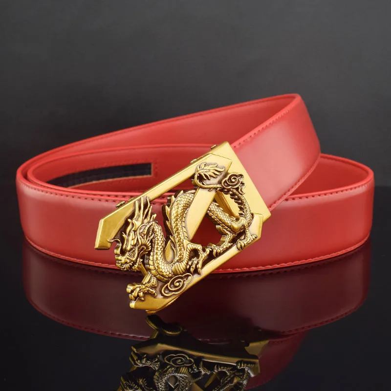 High Quality Mens Belts Luxury Chinese Dragon Fashion Corset Genuine Leather Belt Automatic Red Fancy Vintage Cintos Masculinos