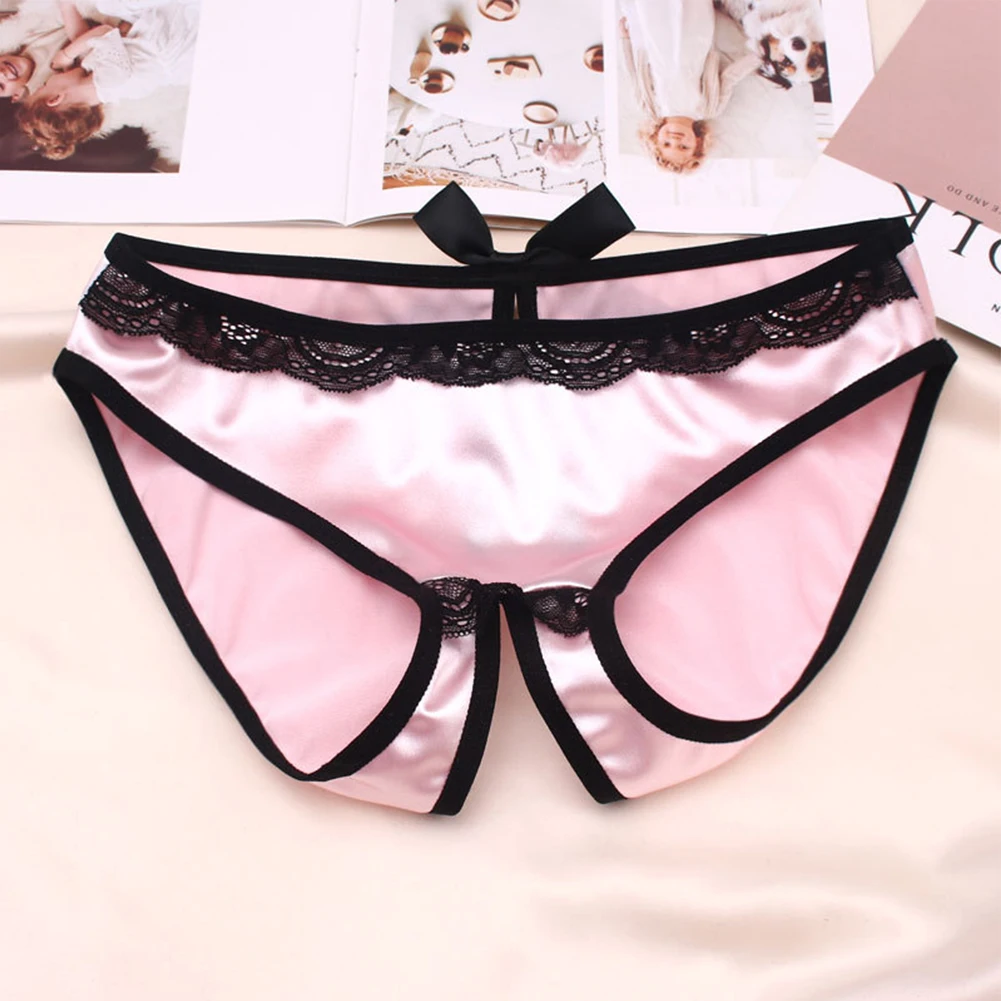 

Women Silk Satin Crotchless Thong G-string Panties Lace Border Smooth Lingerie Underwear Comfortable Soft Seamless Briefs