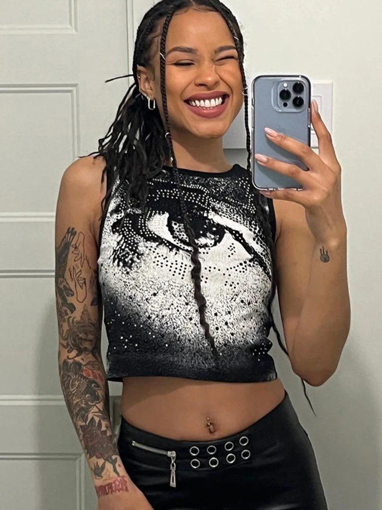 Кроп-Топ женский с принтом глаз майка в стиле Харадзюку пикантная одежда черный