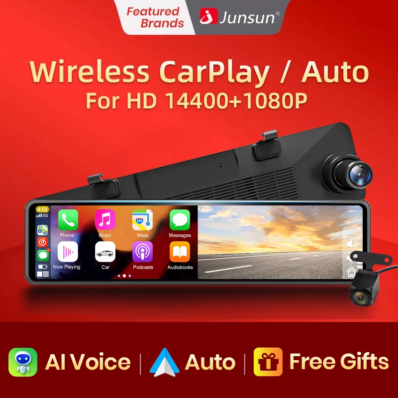 Junsun Wireless CarPlay Android Auto Rear View Mirror Dual Screen Car DVR Dash Cam 11.26” FHD 1080P Video Recorder Stream Media |