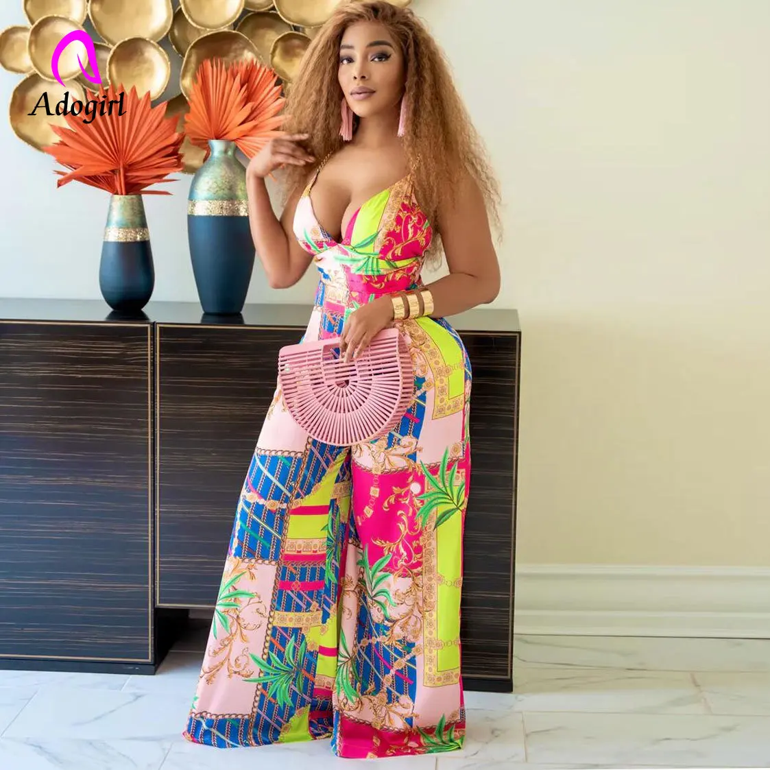 

Женский слитный комбинезон с цветочным принтом, элегантный Облегающий комбинезон с V-образным вырезом и широкими штанинами, лето 2023