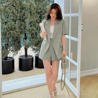summer temperament women jacket and shorts two piece set elastic waist double breasted harem pants