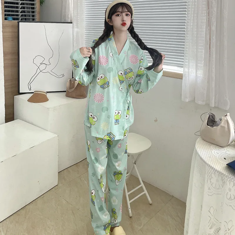 Japan Kimono Pajamas for Women Spring Autumn Pyjama V Neck Big Eyes Frog Cartoon Homesuit Long Sleeve Sleepwear Kawaii Nightwear