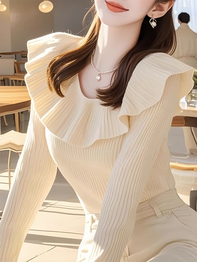 Женский свитер с оборками новинка 2024 осень и зима уникальный шикарный вязаный