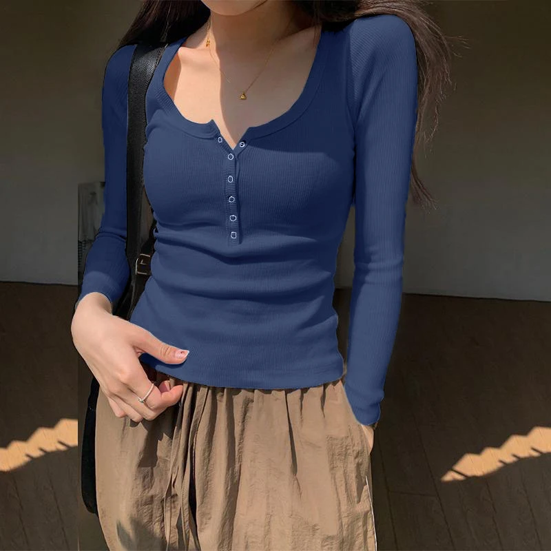 2023 Осенняя Футболка с заклепками на пуговицах женская футболка длинным рукавом