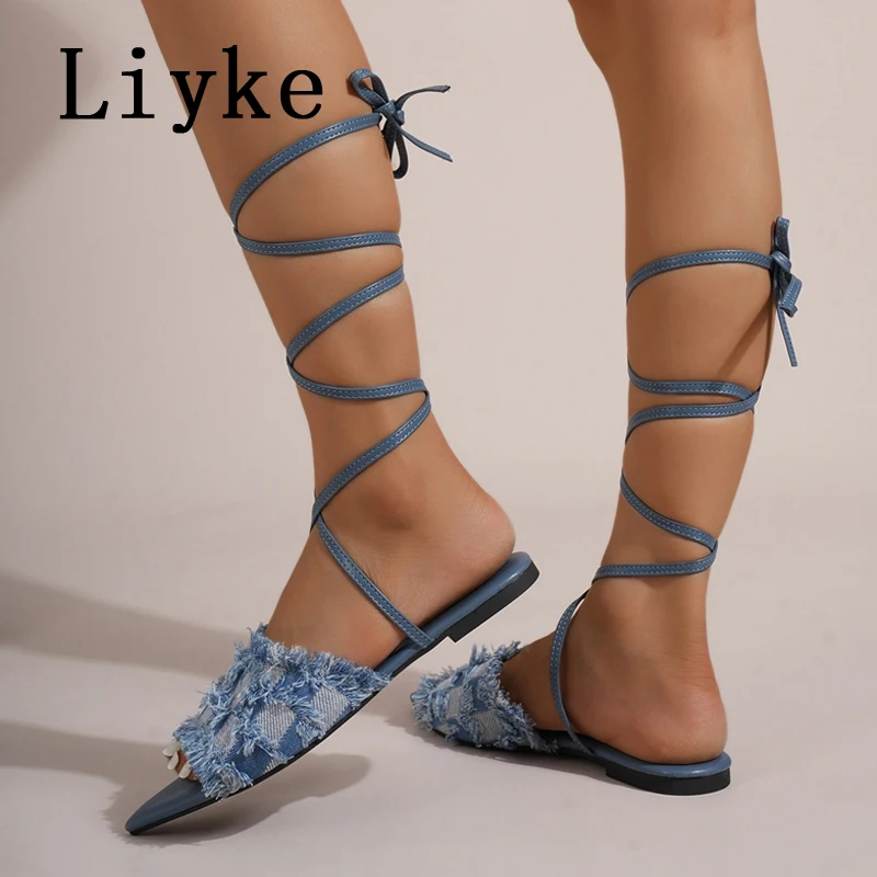 Сандалии Liyke женские с ремешком на щиколотке модные босоножки-гладиаторы плоской