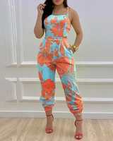 summer women casual plants print criss cross tied detail backless jumpsuit 2022 new femme thick strap outfits lady clothing traf