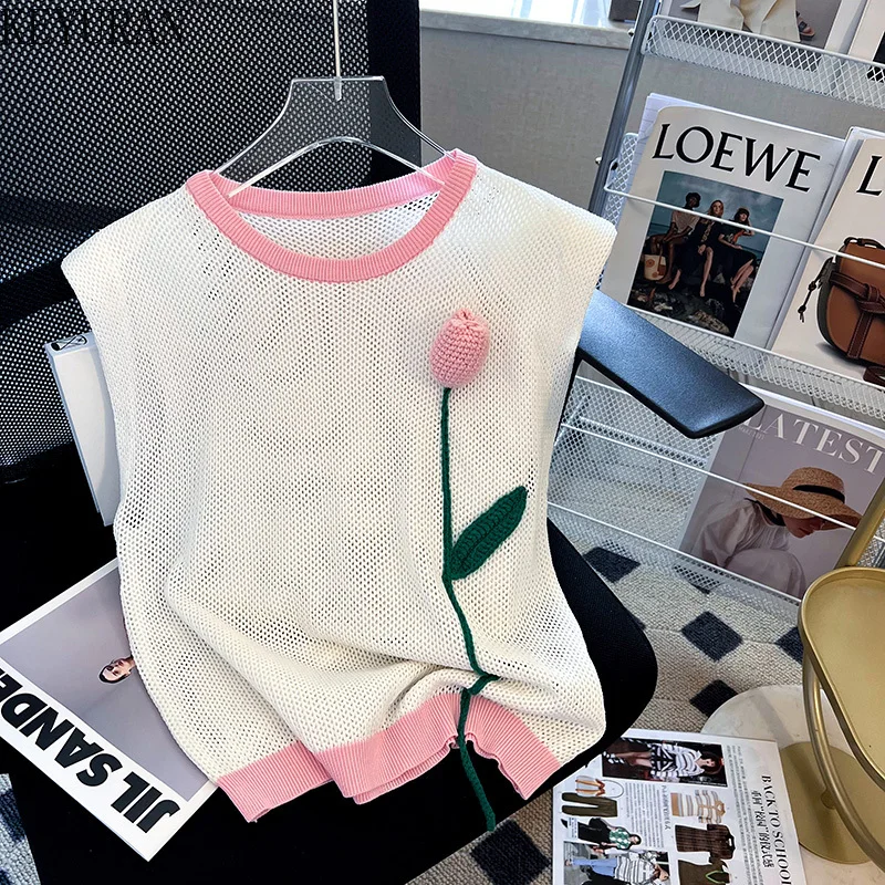 

Женский ажурный жилет с трехмерными цветами и круглым вырезом, летний свитер без рукавов Y2k, трикотажный топ, 2022