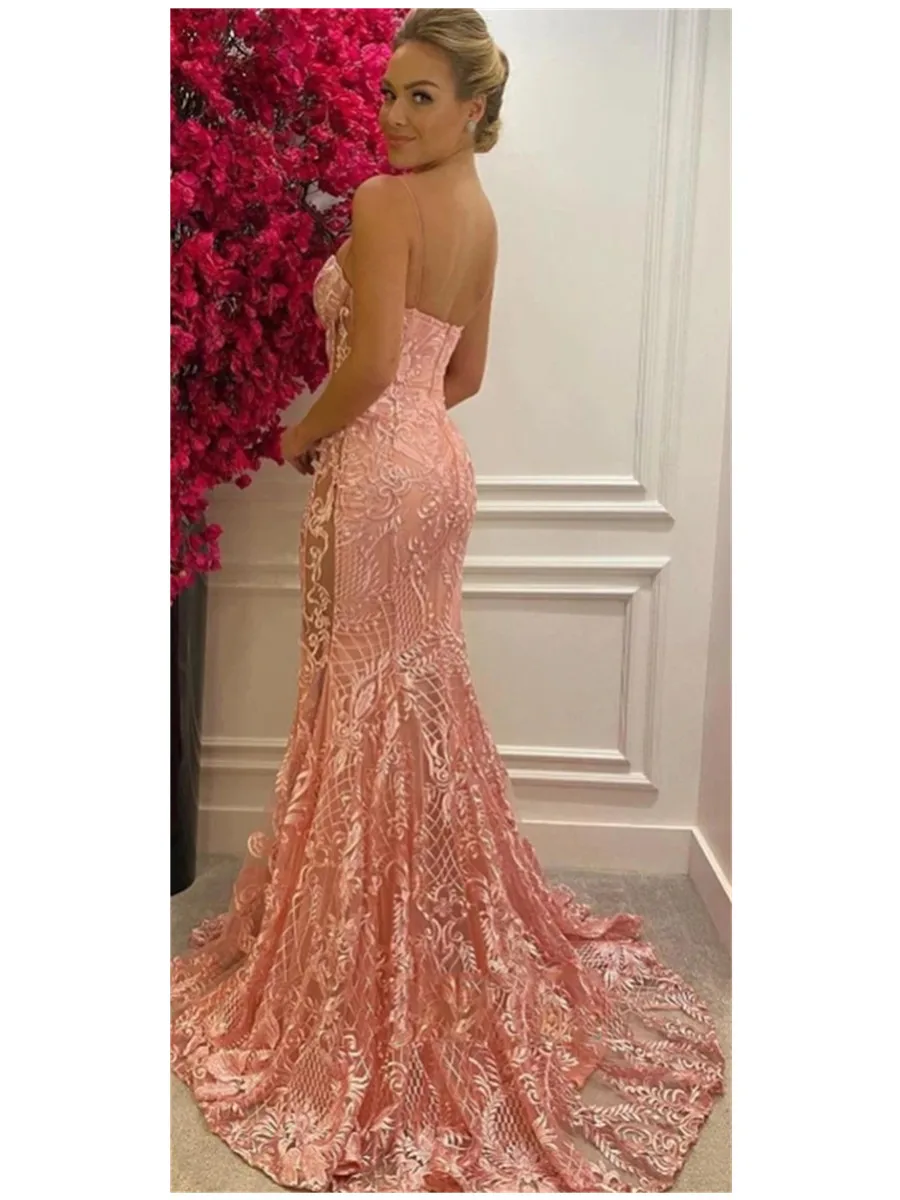 Square Collar Sequbins Maxi Dress Long Train Mermaid Sleeveless Evening Party Tank Dress Stretch Pink Floor Length Gown