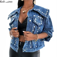 kohuijoo pearls beading denim coat turndown collar vintage loose thin coats and jackets women street style casual jacket jean
