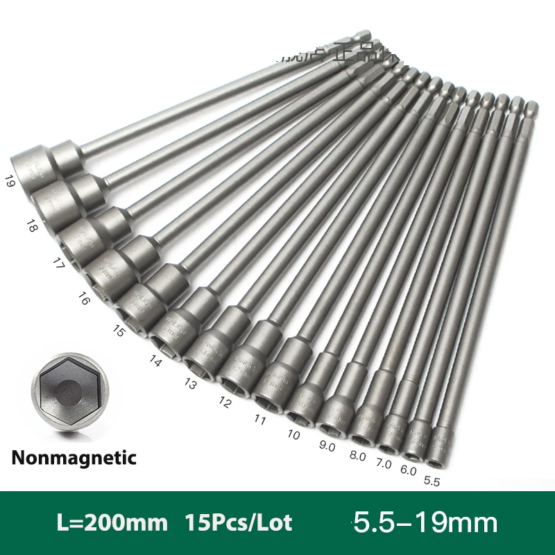 

1Pcs 5 To 19mm Nonmagnetic sleeve Hexagonal Shank Hex Nut Socket 1/4" Screw Metric Driver Tool Set Adapter Drill Bit L= 200mm