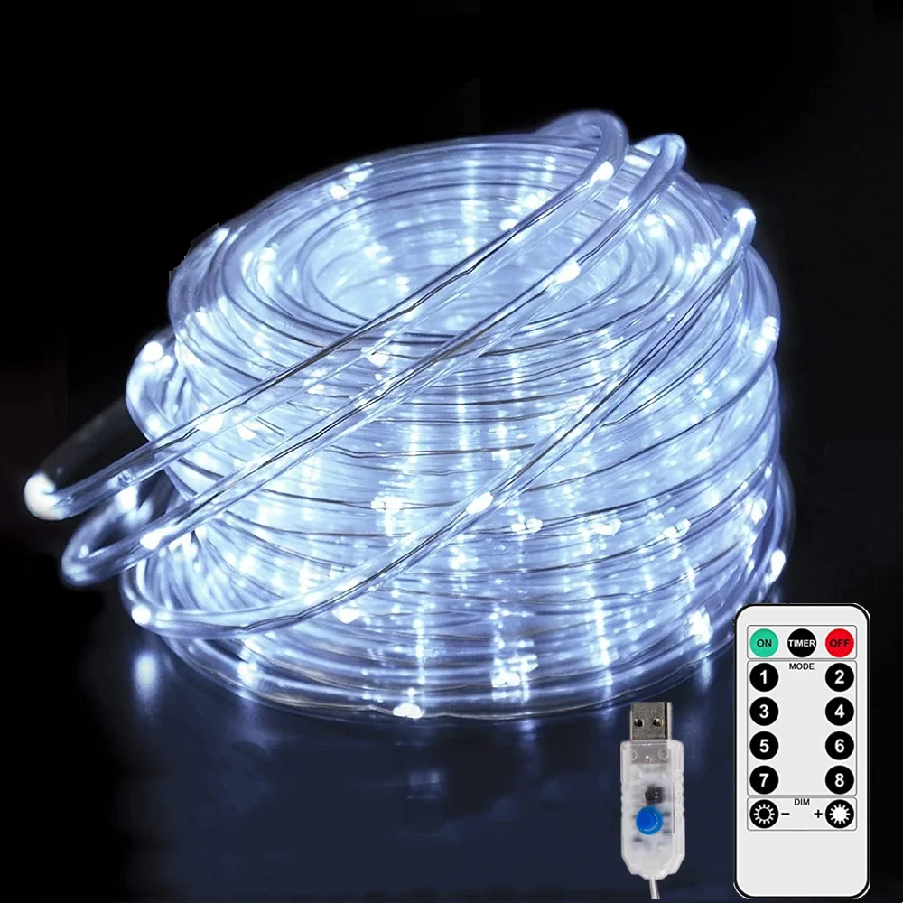 Led Rope Fairy Lights USB 5/10/20M Waterproof White Tube String Lights Outdoor Garden Street Decorations USB Powered 8 Modes