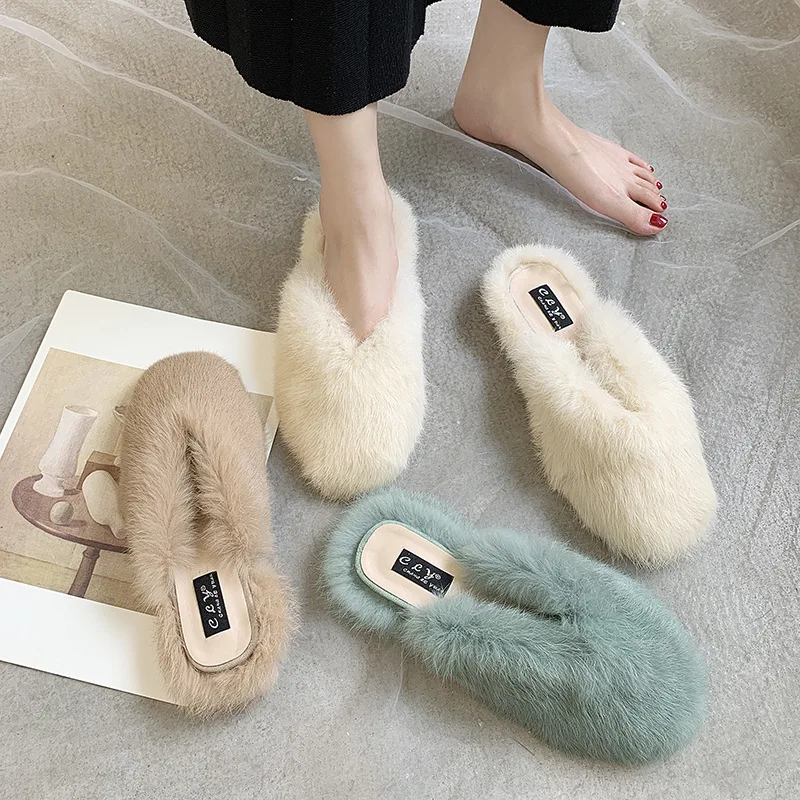 

2022 Autumn Winter Rabbit Hair Baotou Flat Slippers Net Red with The Same Style Outside Wear Plush Half Slippers Female