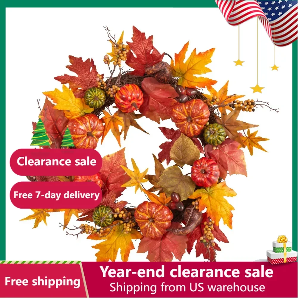 

Thanksgiving Decorations 2023 Free Shipping Plastic Thanksgiving Autumn Artificial Fall Wreath With Pumpkin Berries Decoration