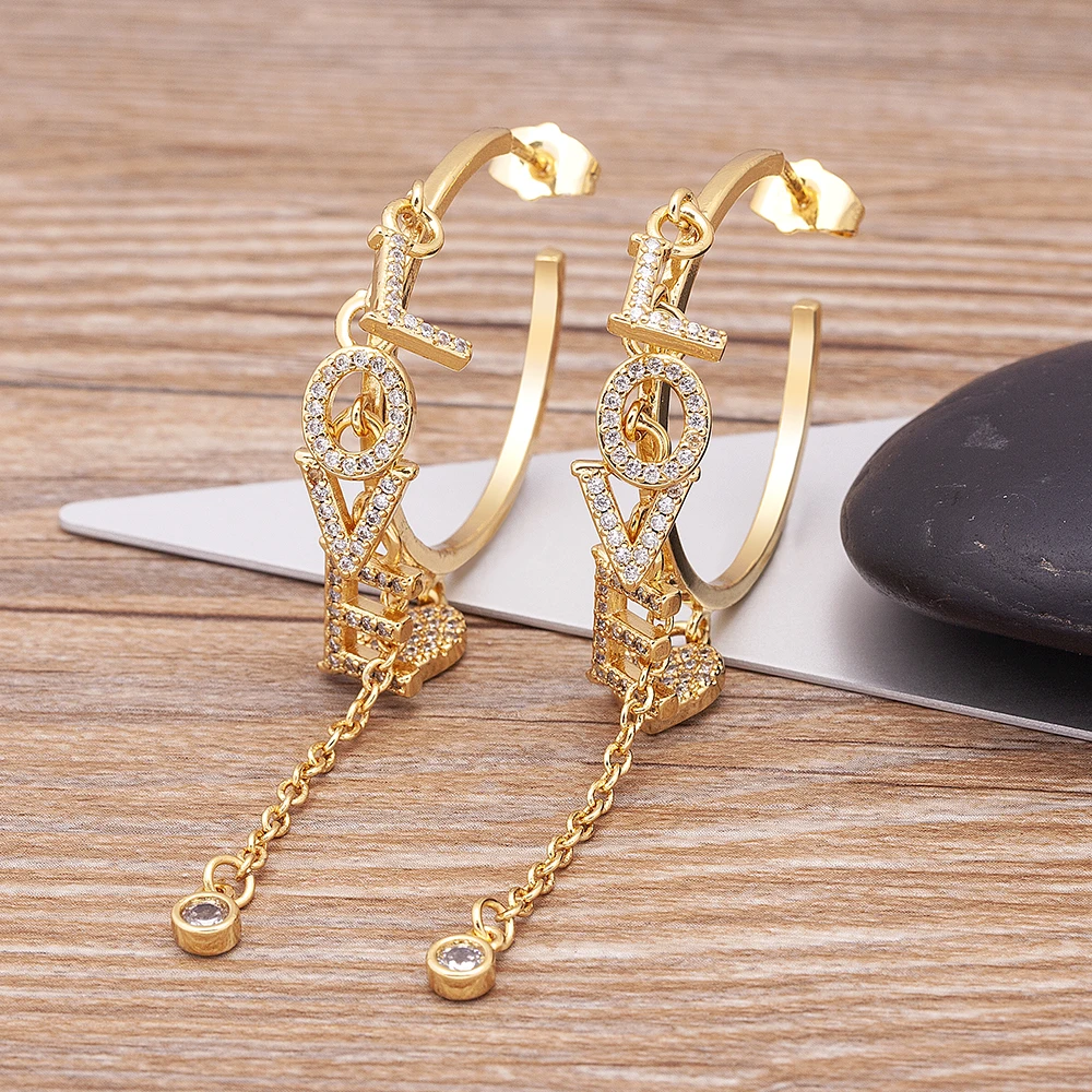 

AIBEF Classic Fashion Gold Love Letter Tassel Pendant Earrings Luxury Zircon Women Bohemian Earring Wedding Party Fine Jewelry