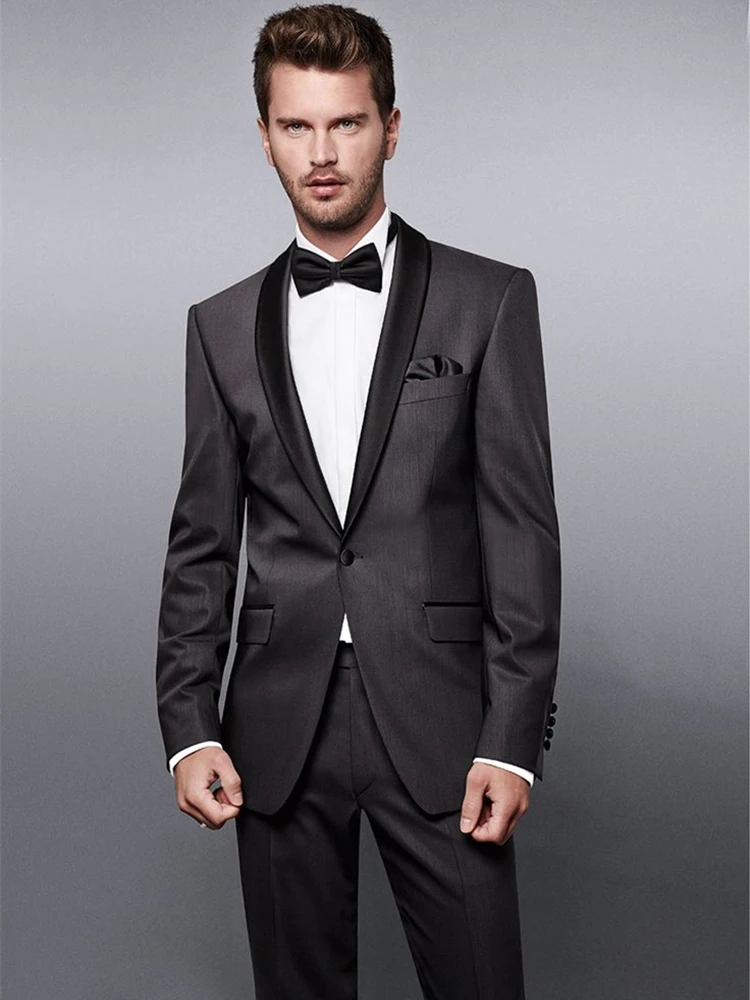 

Wedding Tuxedo Dark Grey Custom Made Shiny Black Collar For Man Suits 2022