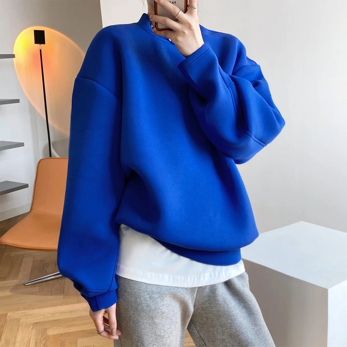 Sleeve Button Detailed Space Cotton Sweatshirt Blue Gray White Women's Spring Autumn Thin Design Loose Lazy Women Top