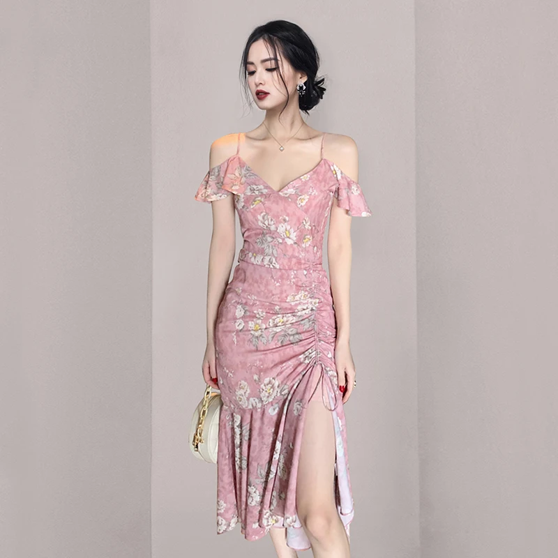 

Элегантные сексуальные платья, облегающее платье на бретельках с принтом и оборками, новое модное летнее женское платье для вечерние, Клубн...