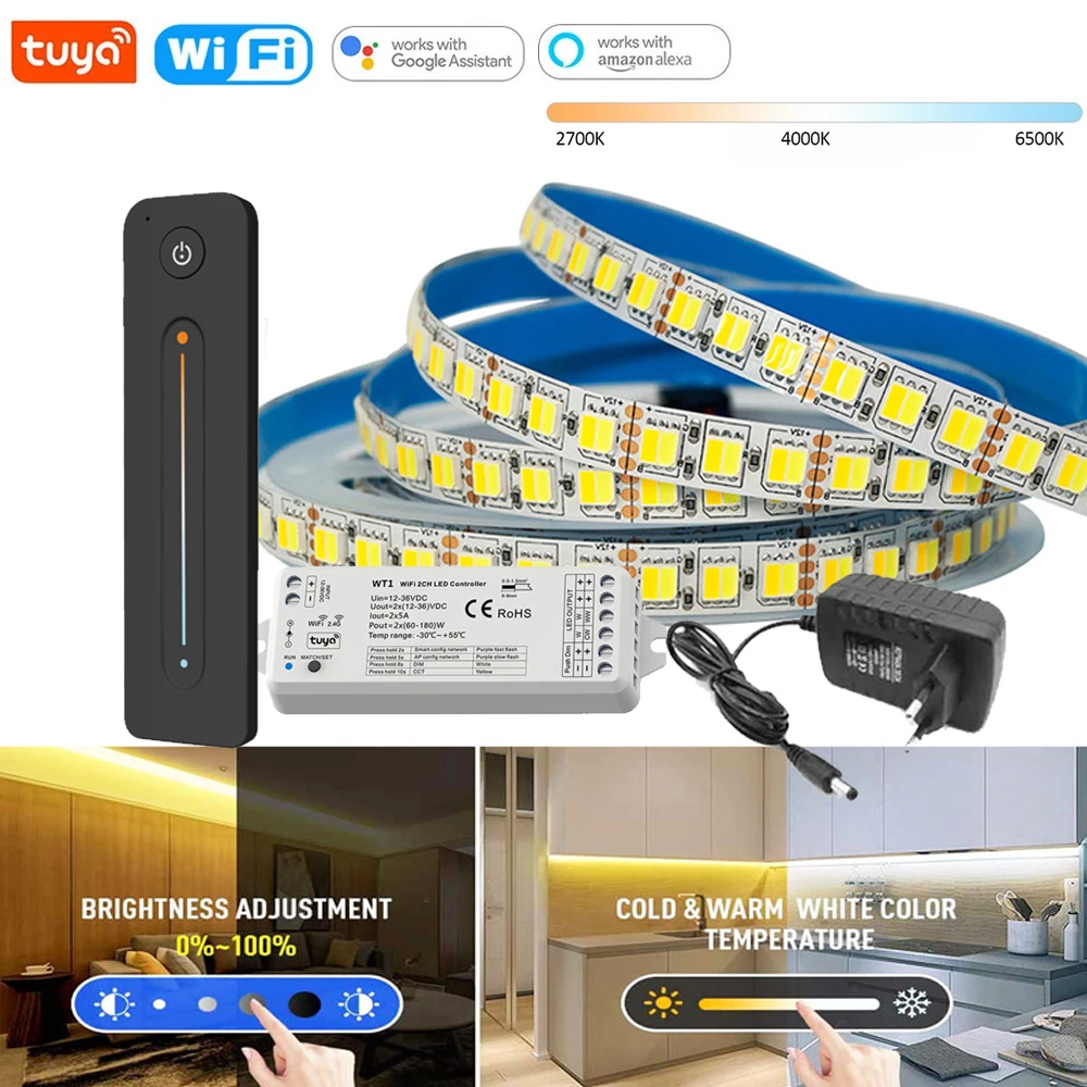 

DC12V Tuya WiFi 5050 LED Strip Dual Color CCT 120leds/m Dimmable LED Lights RF Touch Remote Control Smart Life for Alexa Google