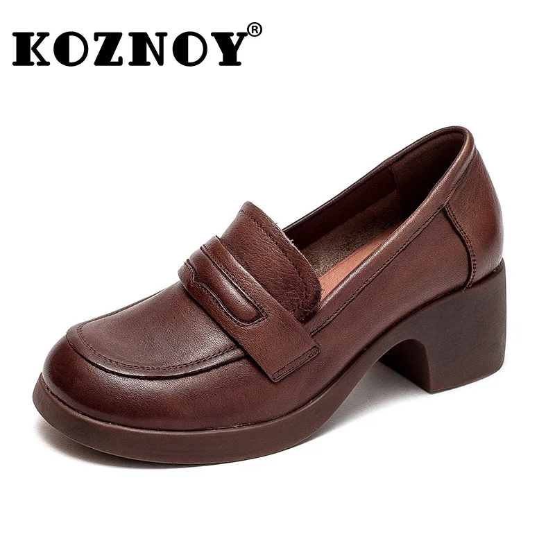 Koznoy  Platform Clog 5cm Retro Ethnic Full Cow Genuine Leather Summer Ladies Women Block Heel Loafer Comfy Leisure Female Shoes