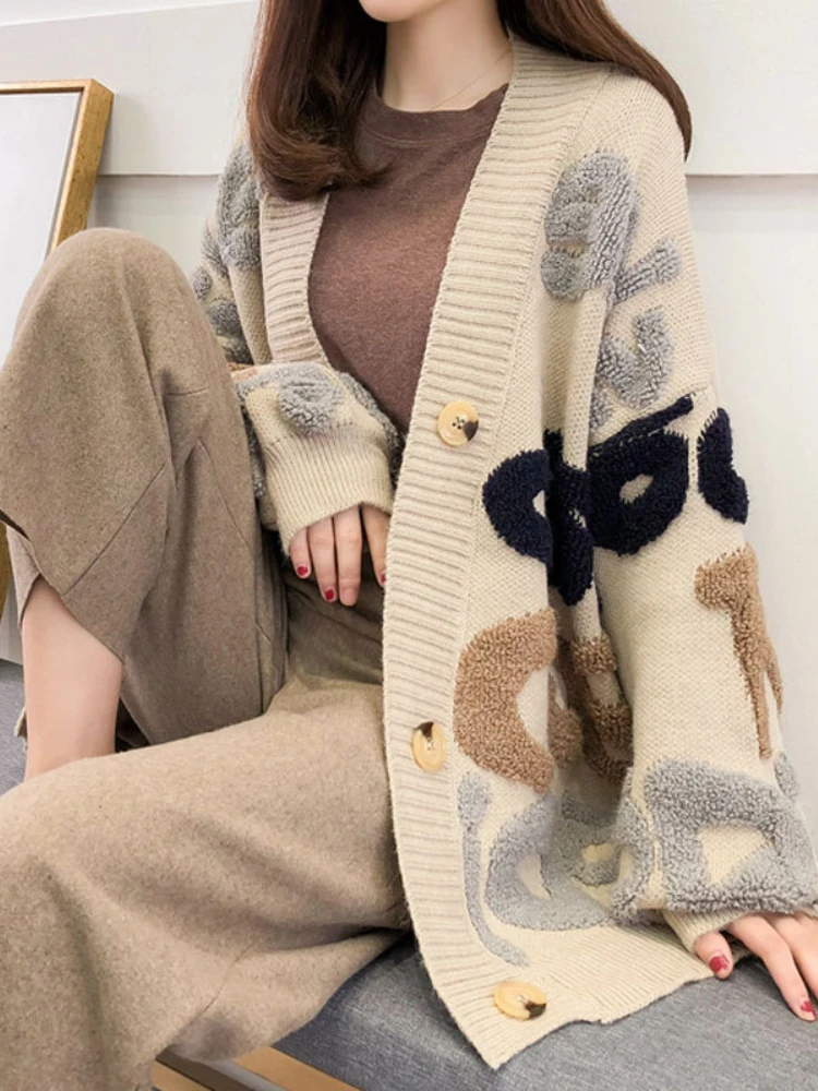 

Женское осеннее пальто, вязаный кардиган, уличный Топ с длинным рукавом, повседневный свободный Свитер оверсайз, пальто, женская куртка с V-образным вырезом и надписью