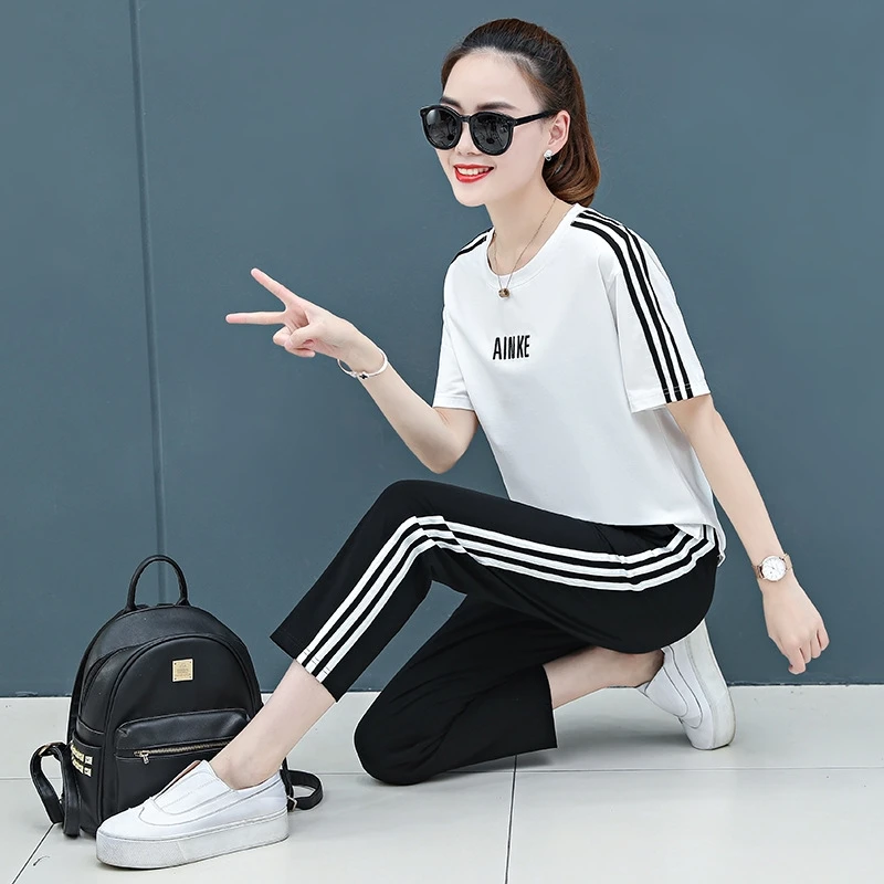 

Cotton 2 Piece Set 2022 Summer New Loose Summer Thin Women Two Piece Sets Stripe Clothes Red Yellow Black White