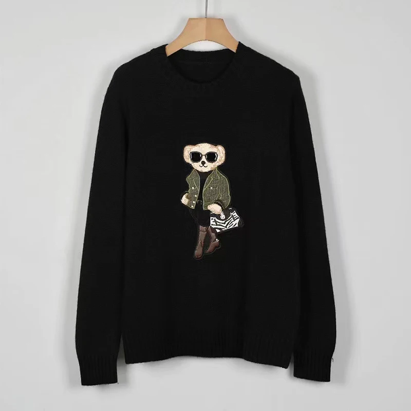 

Men's Street Fashion Embroidery Knitwear Cartoon Bear Printed Men's Sweater Comfortable Warm Casual Loose Pullover Oversized
