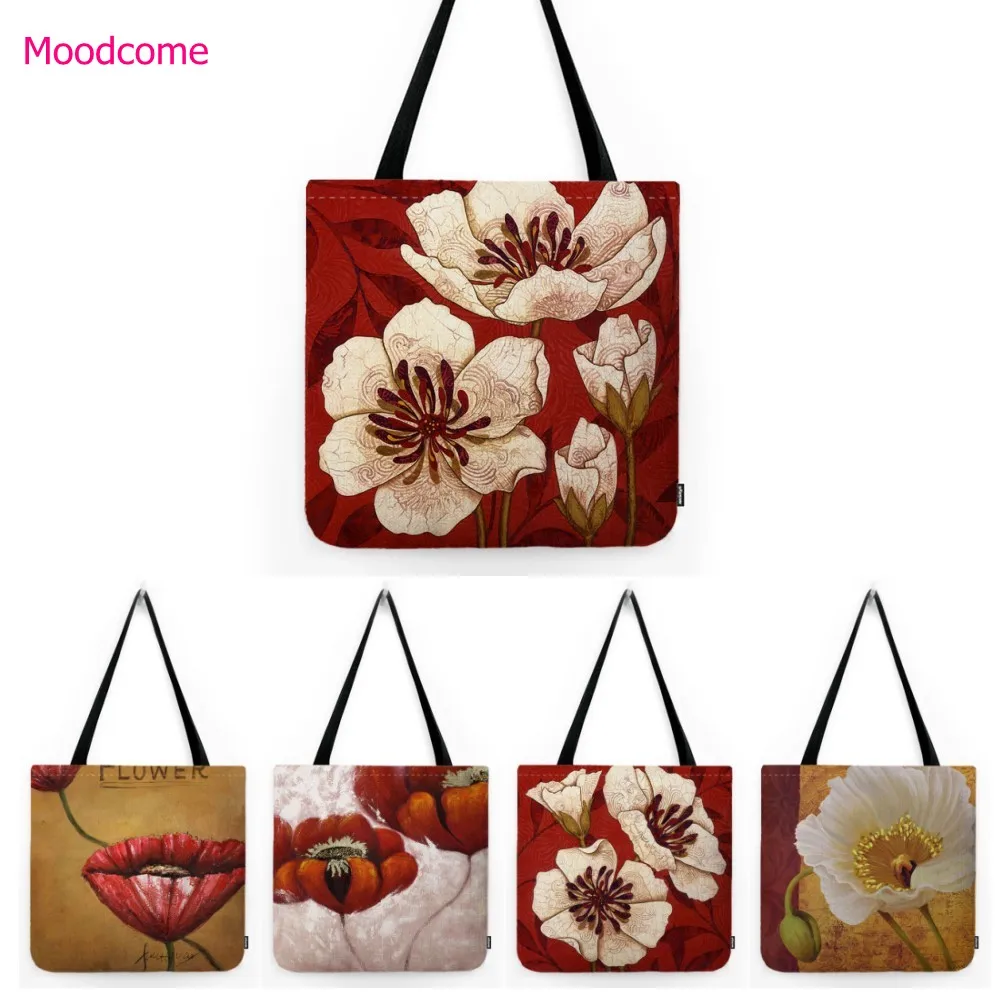 

Винтажная красная Цветочная картина маслом, декоративная Водонепроницаемая хлопковая льняная Фотосумка, большая сумка-тоут с цветочным ри...