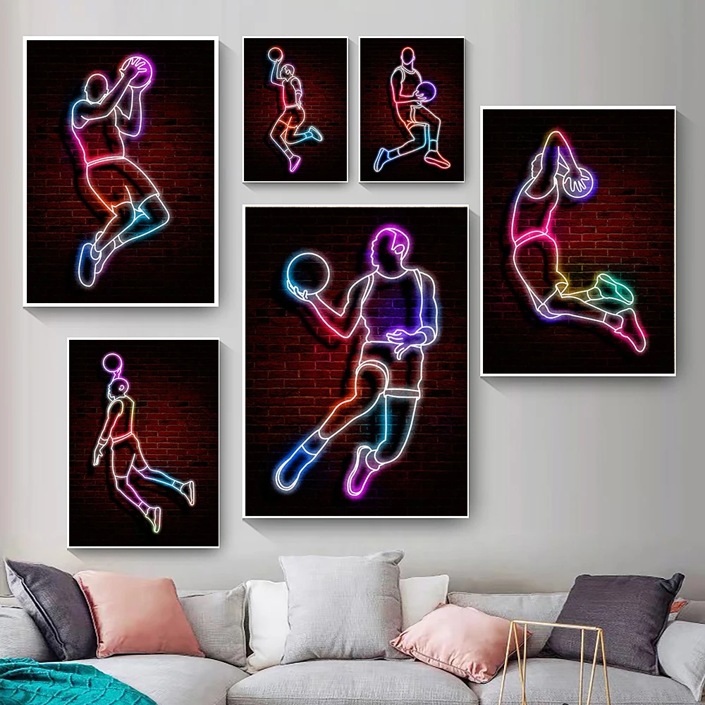 

Vintage Fancy Basketball Neon Light Canvas Painting And Prints Abstract Sport Street Poster Nordic Wall Art Picture Home Decor
