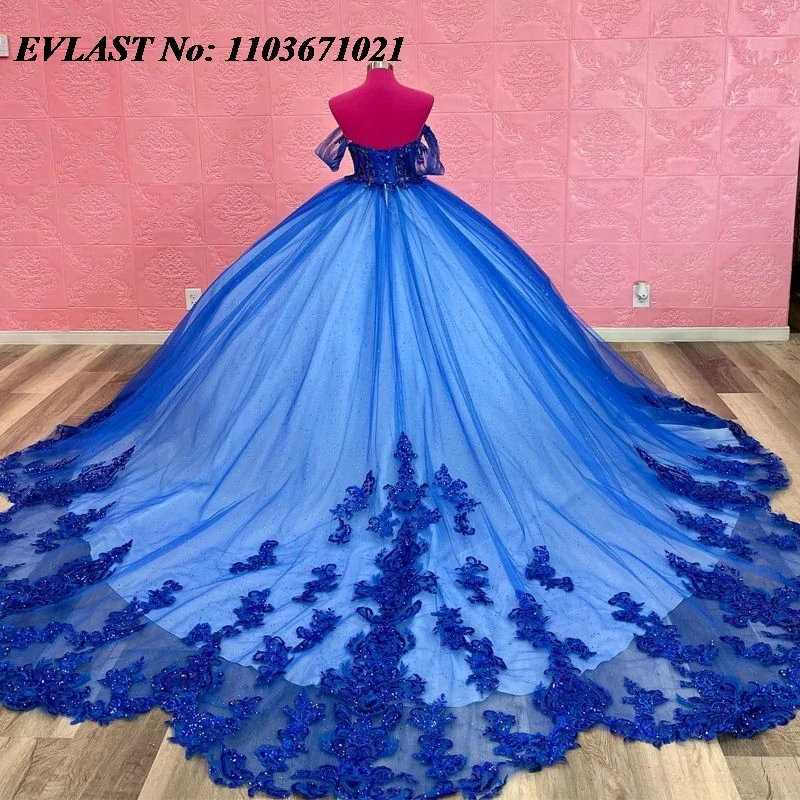 EVLAST Royal Blue Quinceanera Dress Ball Gown Lace Applique Beading Diamond Mexican Corset Sweet 16 Vestidos De XV 15 Anos SQ58