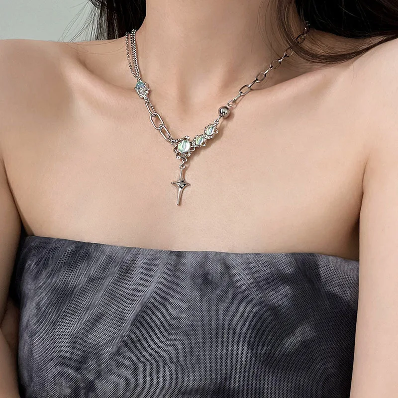

Moonlight Stone Star Necklace Pleated Splice Chain Korean Jewelry for Women Simple Stainless Steel Collar Necklace for Women