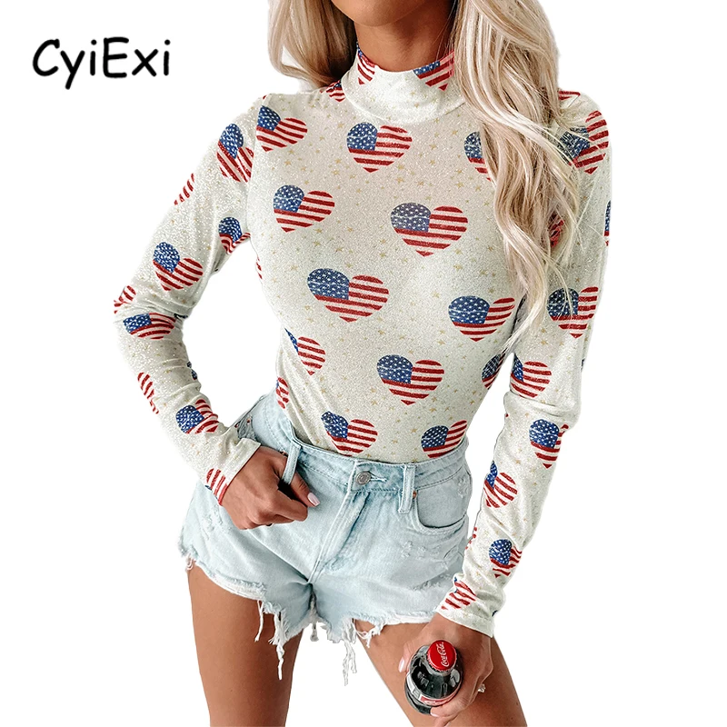 CyiExi белое боди с длинными рукавами Love Heart Americana женские сексуальные блестящие