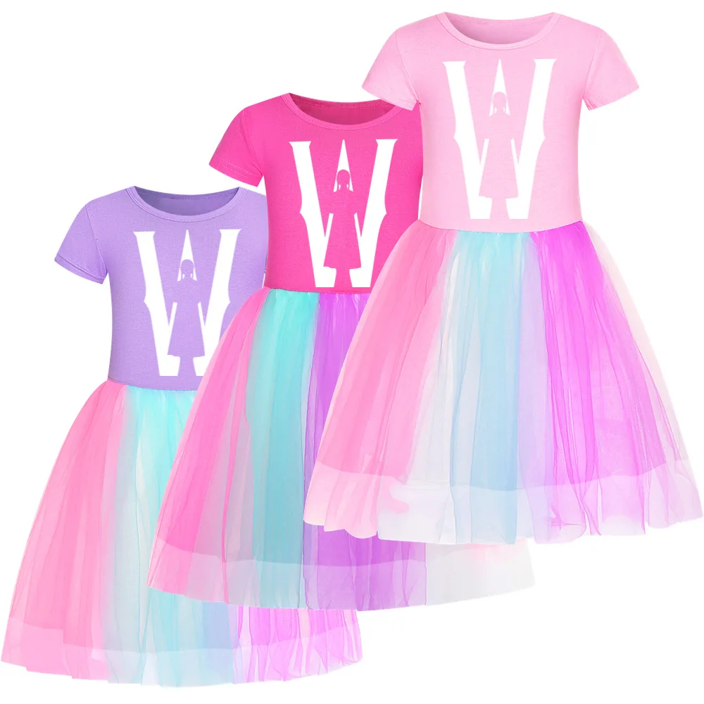 

Wednesday Addams Clothing Girls Dresses Kids Summer Cotton Tops Baby girl Party Mesh Skirt Lace Dress For Children