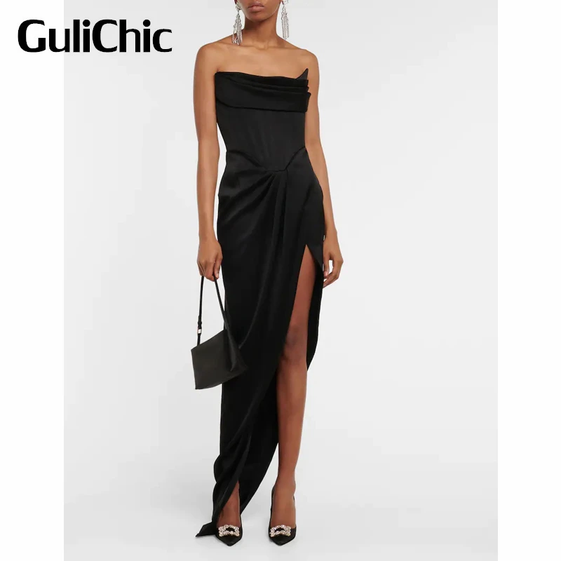 3.18 GuliChic Fashion Temperament Sexy Strapless Backless Party Banquet Birthday Slim Split Long Dress Women