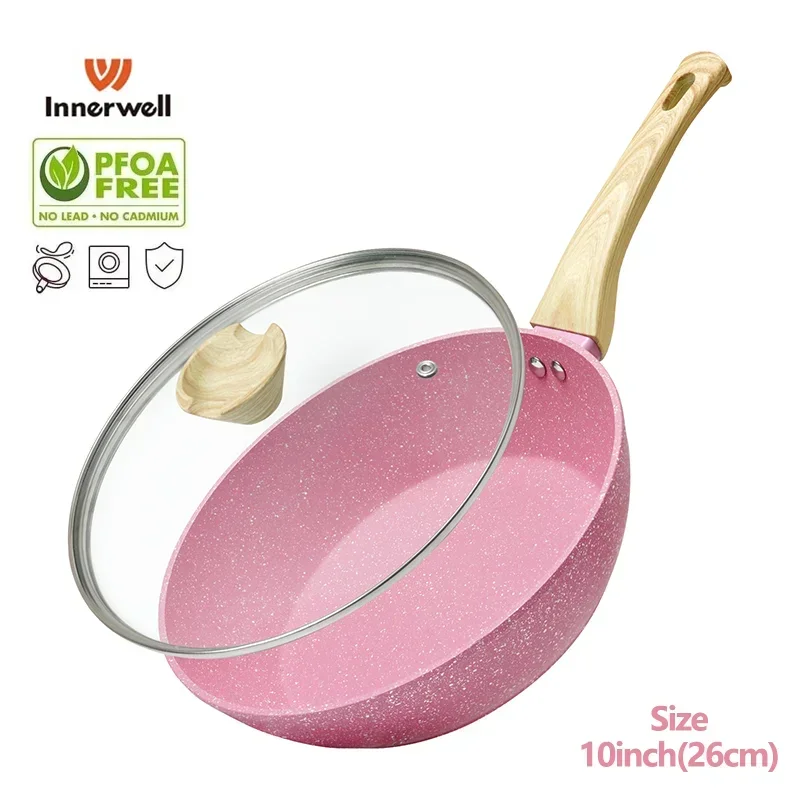 Сковорода Innerwell с антипригарным покрытием Вок крышкой 10-дюймовая розовая