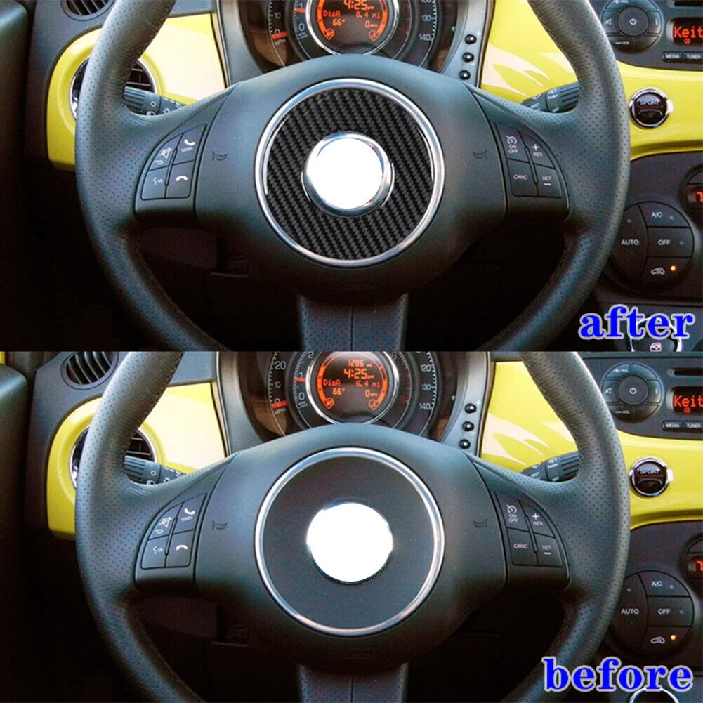 

1Pcs Steering Wheel Sign Cover Trim Fit For Fiat 500 2012-2015 Cover Existing Scratches Black Carbon Fiber Stylish Decor DIY