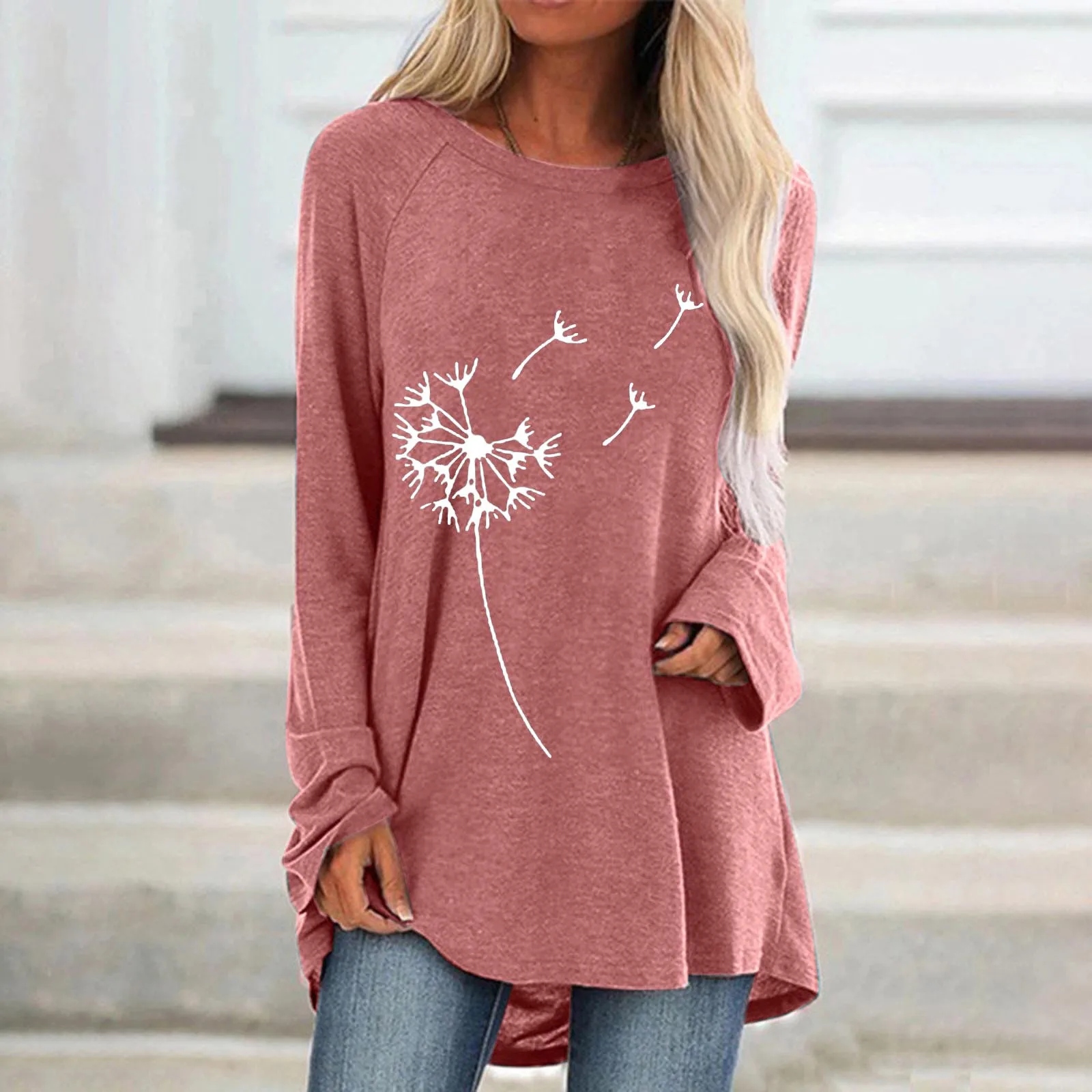 

Womens Casual Crew Neck Raglan Dandelion Printing Long Sleeve Tshirts Blouse Top Long Sleeve Spandex Shirt Women