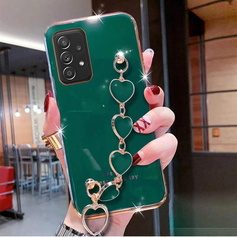 For Samsung Galaxy A32 A21S A12 A22 A11 A31 A51 A71 A52 A72 A20 A50 A70 A02S A03S Luxury Plating Love Bracelet Wrist Strap Cover