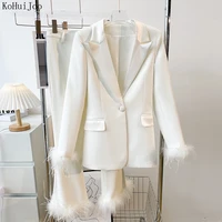 kohuijoo white blazer and pants for women 2022 autumn fashion feather patchwork design plus size work lady office formal set