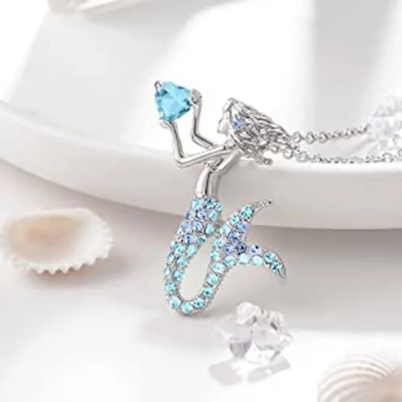 Classic Heart Hugging Crystal Zircon Mermaid Princess Necklace Engagement Necklaces for Women Stainless Steel Jewelry Party Gift