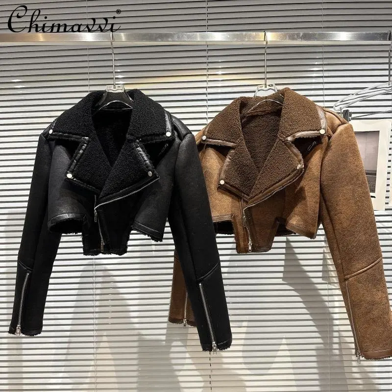 2022 Winter Clothes New Style Streetwear Motorcycle Zipper Fur Leather Coat for Women Short Personality Long Sleeve Jacket