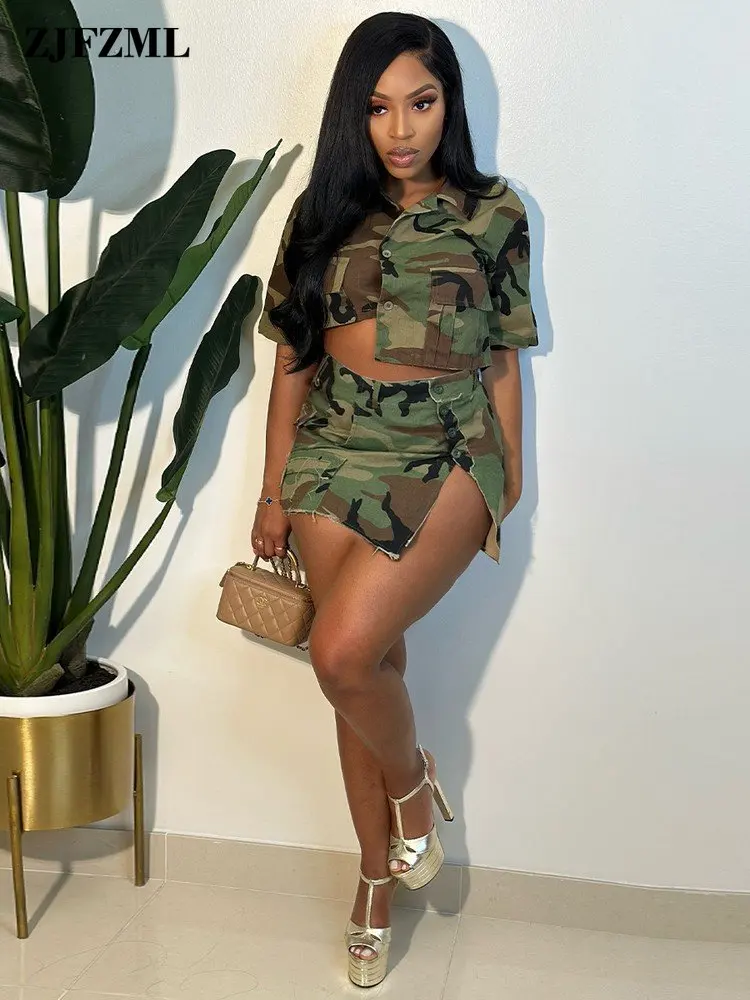 Military Camouflage Print Women's Sets Turn Down Collar Short Sleeve Crop Jackets and Side High Split Skirts 2 Two Piece Outfits